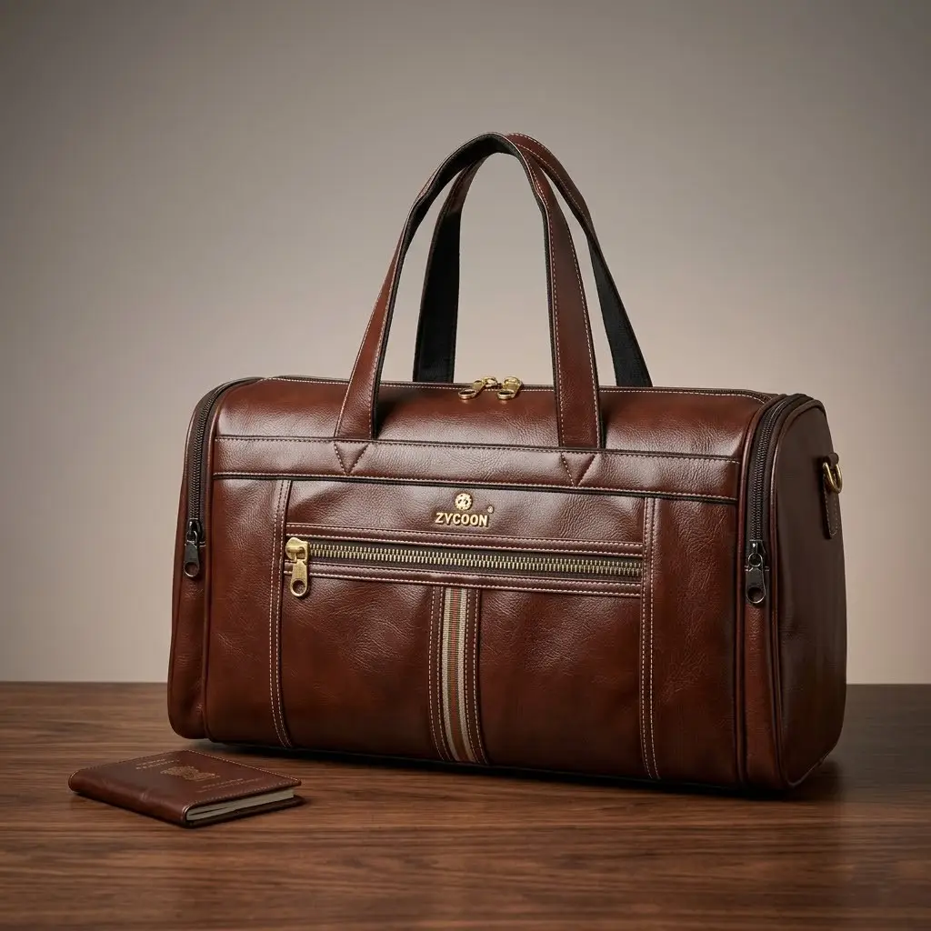A detailed product shot of the ZYCOON polished brown leather travel duffel bag on a wooden table, with a passport and luggage tag.