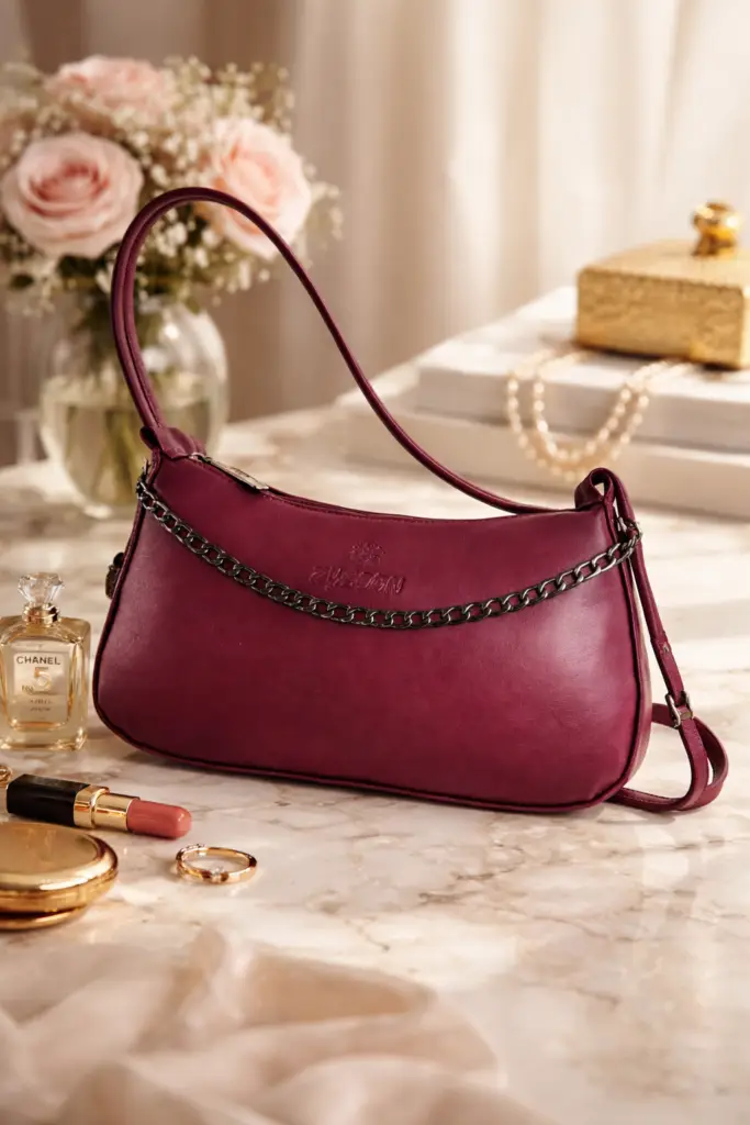 Premium burgundy Zycoon baguette bag with chain detail on a marble vanity with luxury accessories.