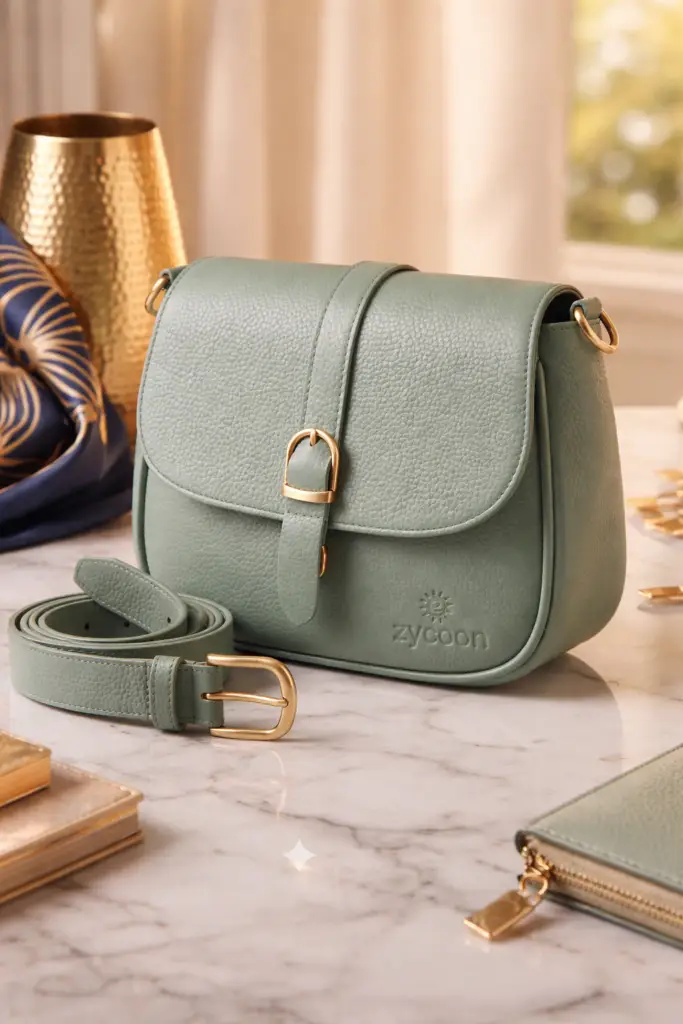 Zycoon sage green textured leather saddle bag with gold buckle and matching belt on marble