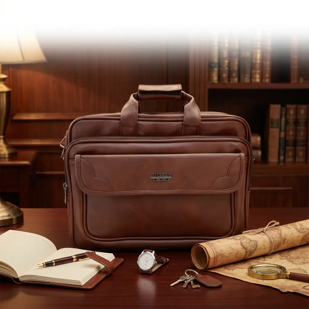 Zycoon professional brown leather laptop messenger bag on a wooden desk with a watch and fountain pen.