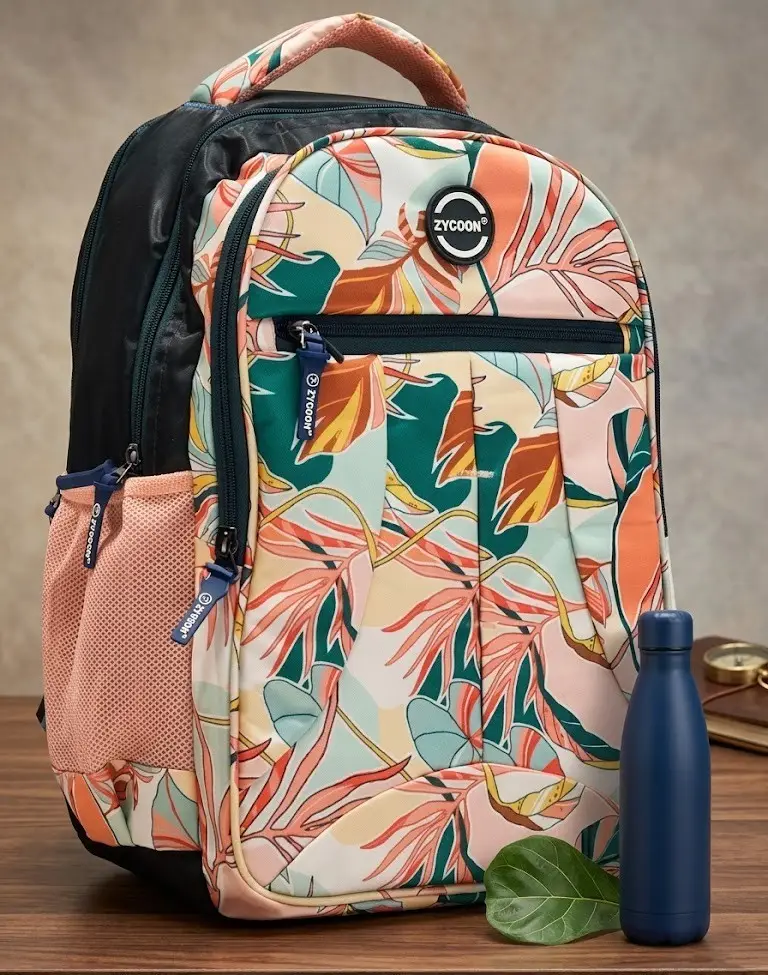 A detailed product shot of the ZYCOON 'Urban Botanica' multi-colored tropical leaf pattern backpack, with navy blue and peachy-pink accents and a matching water bottle, on a wooden table.